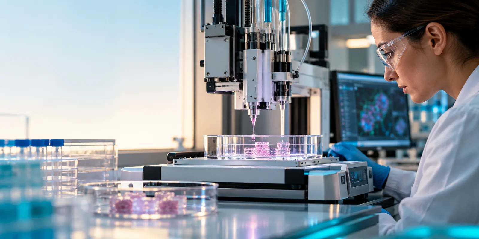Imagen editorial generada para PulsoSalud. Recreación de un entorno de biofabricación; no representa al equipo ni a la tecnología de PRISM-LT.