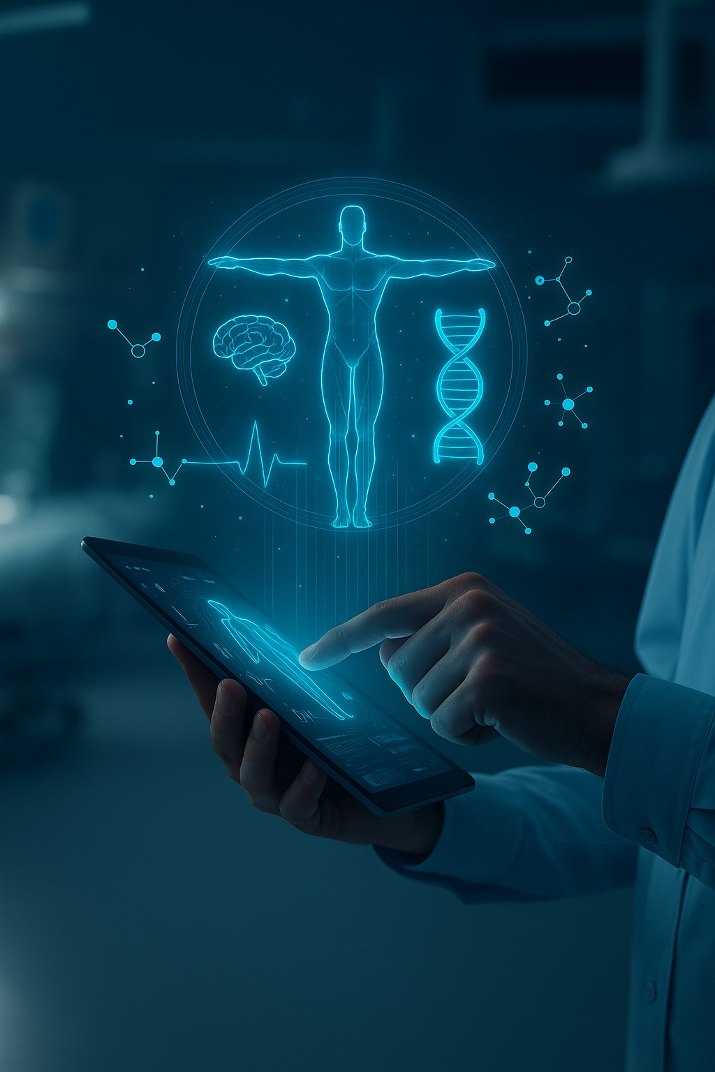Profesional sanitario interactuando con una interfaz holográfica de salud digital